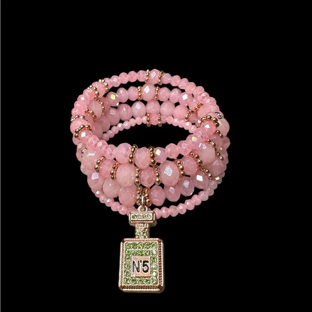 Pink Beaded Memory Bracelet with Perfume Bottle Charm - Picture 3 of 10
